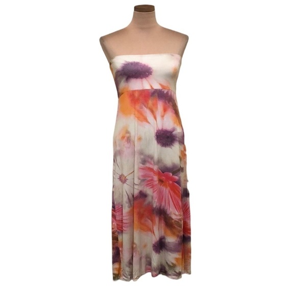Vintage 90s Midi Tube Dress Size Small White Pastel Pink Purple Floral Print - Picture 1 of 7